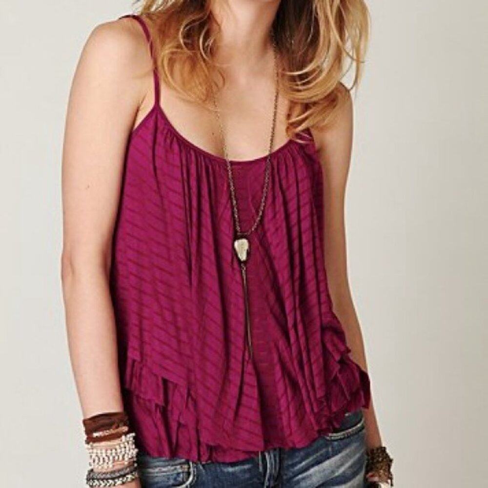 FREE PEOPLE Floaty Tiered Berry Burnout Stripe Swing Tank Top Size Small